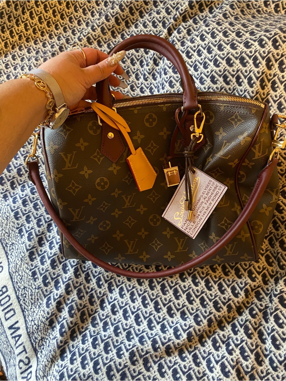 Louis Vuitton Monogram Canvas Satchel with Burgundy Trim and Yellow Tag